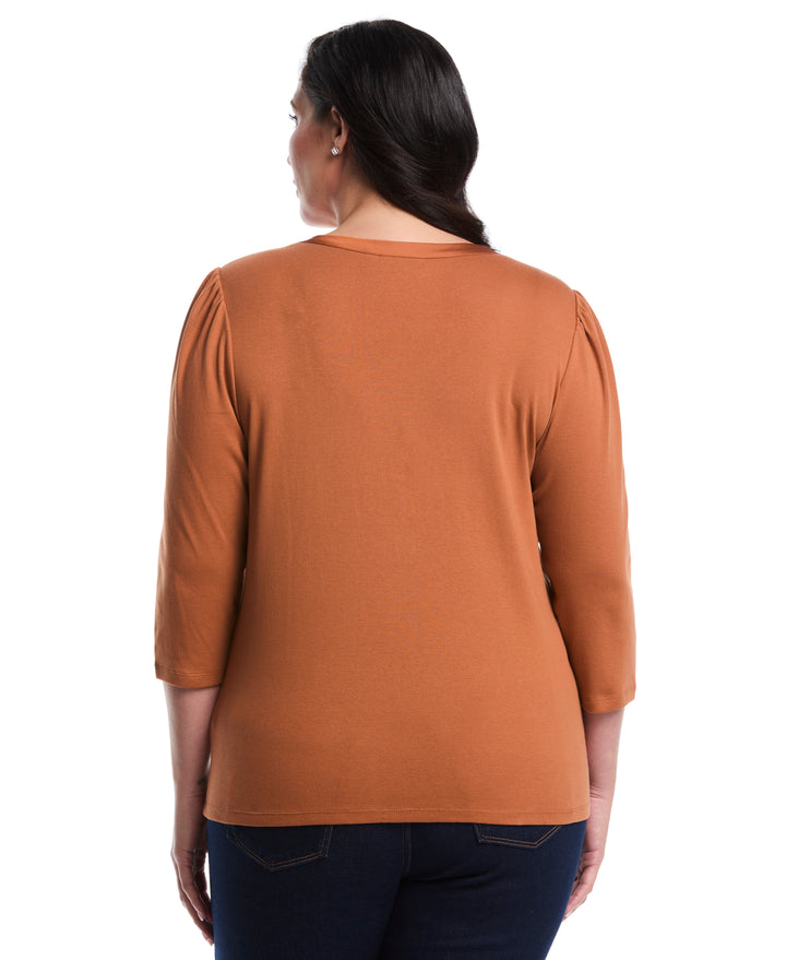 Plus Size 3/4 Puff Sleeve V-Neck Top (Mocha Bisque) 