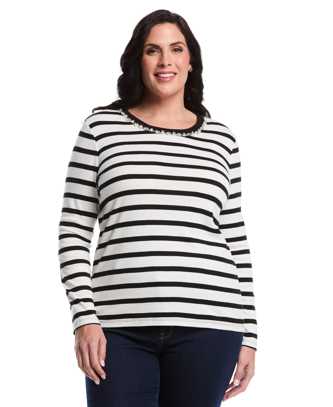 Plus Size Striped Print Embellished Neck Top (Star White) 