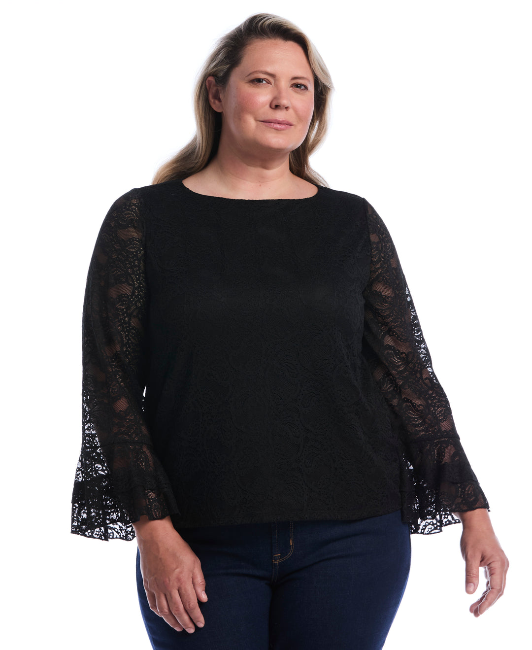 Plus Size Lace Ruffle Sleeve Boatneck Top (Black) 