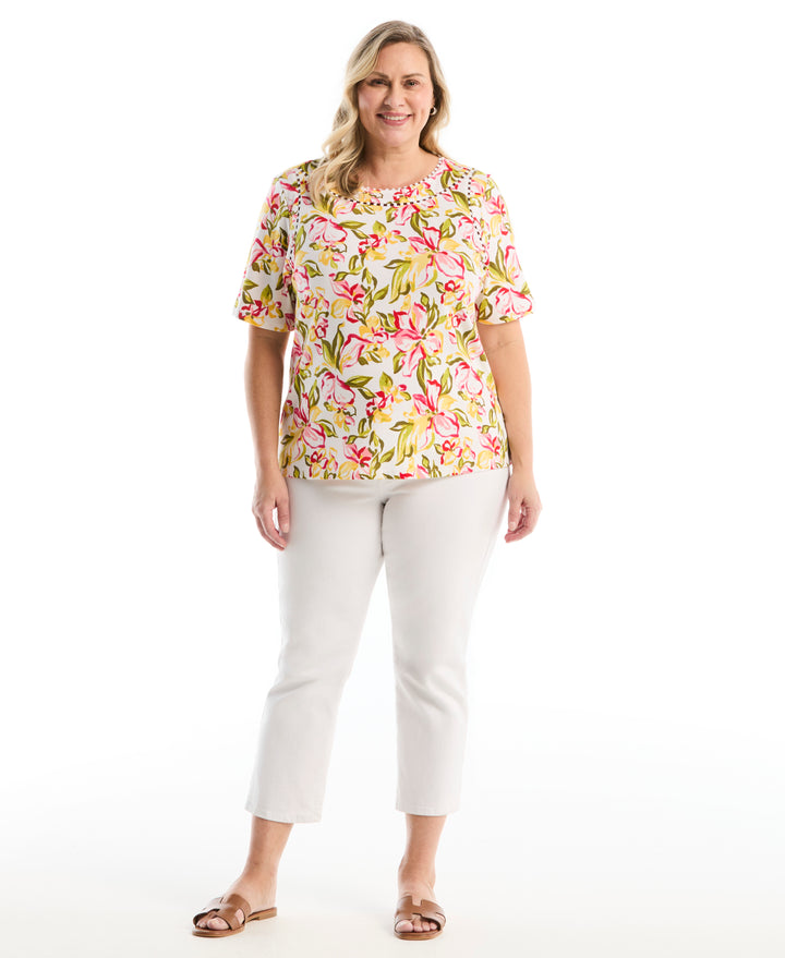 Plus Size Petal Print Pom Trim Detail Top (White) 