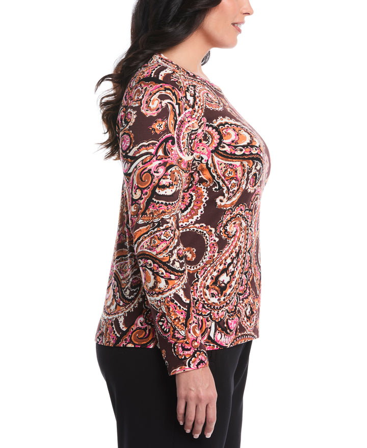 Plus Size Paisley Print Laced Crew Neck Top (Decadent Chocolate) 