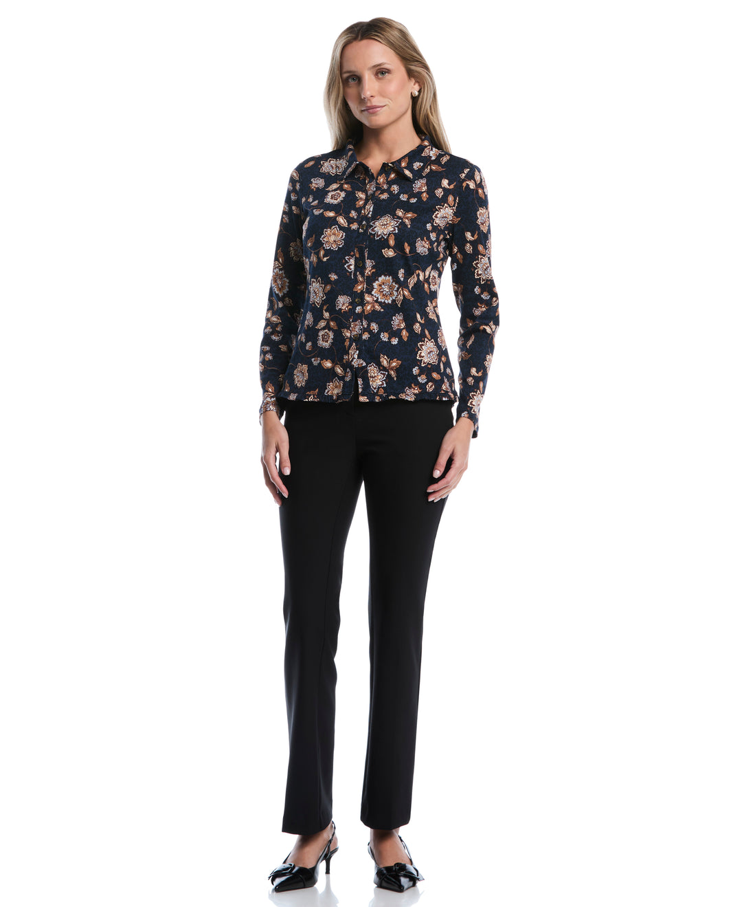 Petite Floral Print Ruffle Trim Button-Up Top (Blue Blizzard) 