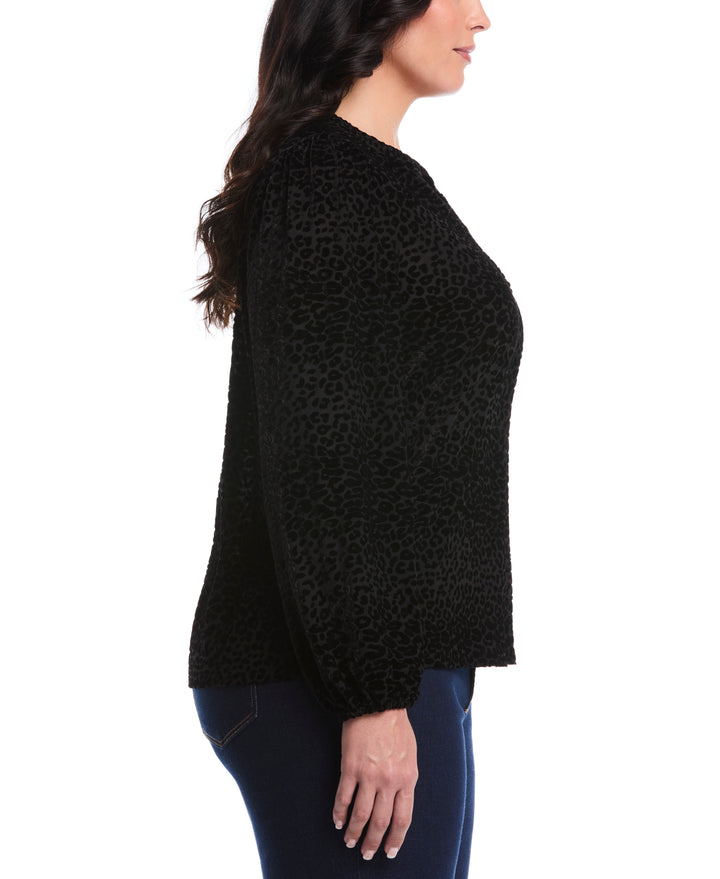 Plus Size Cheetah Print Split Neck Popover Blouse (Black) 