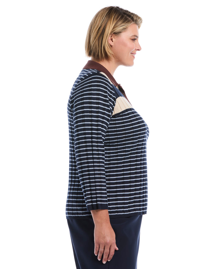 Plus Size Striped Polo Sweater (Blue Blizzard) 
