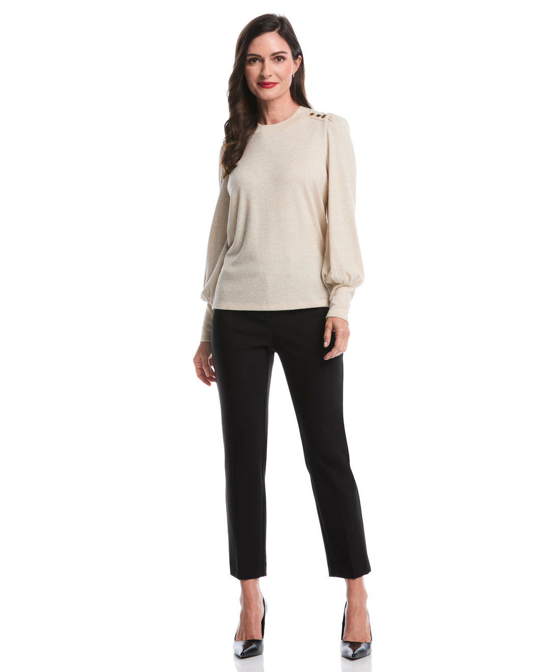 Metallic Puff Sleeve Crew Neck Top (Wheat Heather) 