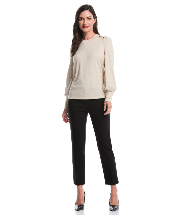 Metallic Puff Sleeve Crew Neck Top (Wheat Heather) 