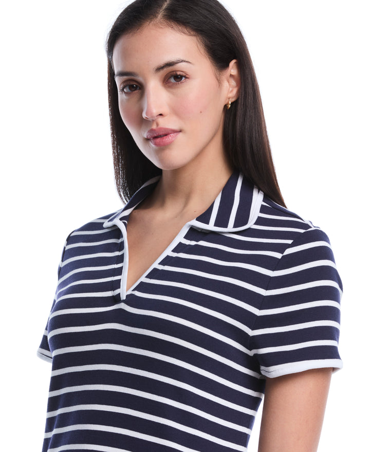 Petite Striped Contrast Trim Johnny Collar Polo (Peacoat) 