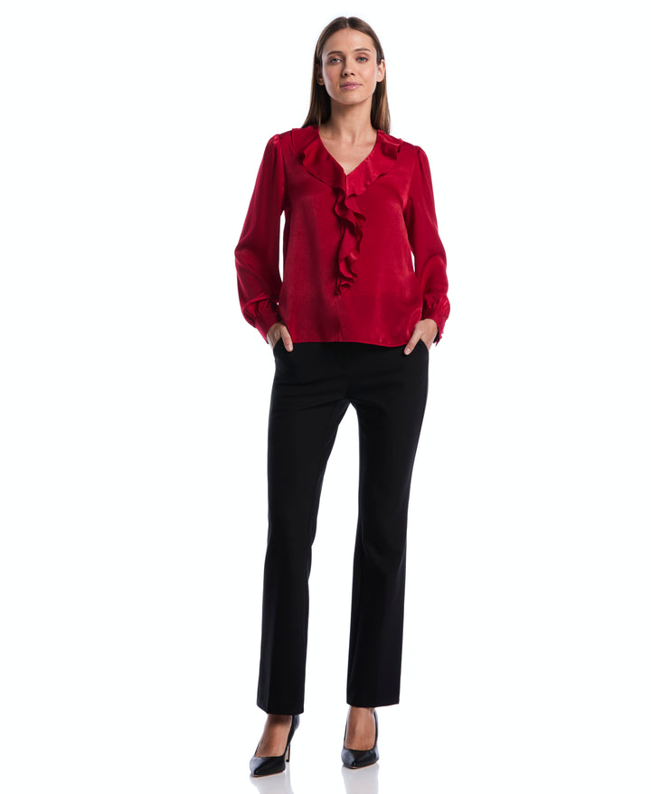 Petite Ruffle V-Neck Blouse (Jester Red) 