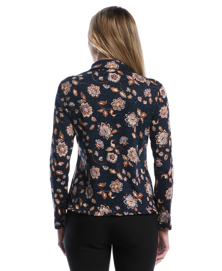 Petite Floral Print Ruffle Trim Button-Up Top (Blue Blizzard) 