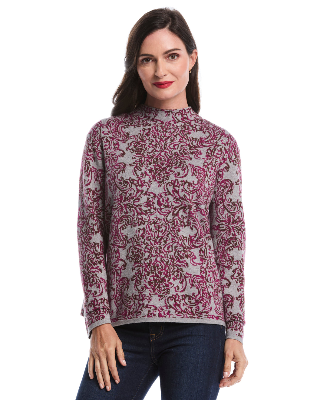 Floral Paisley Print Mock Neck Sweater (Magenta Purple) 
