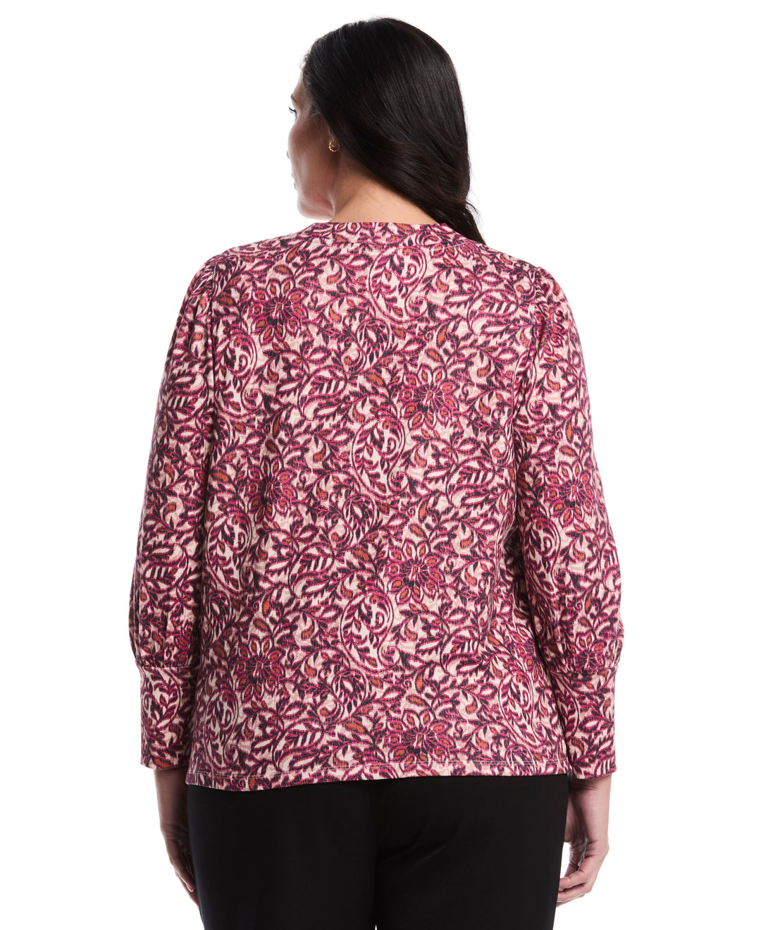 Plus Size Paisley Print Puff Sleeve Crew Neck Top (Beetroot Purple) 