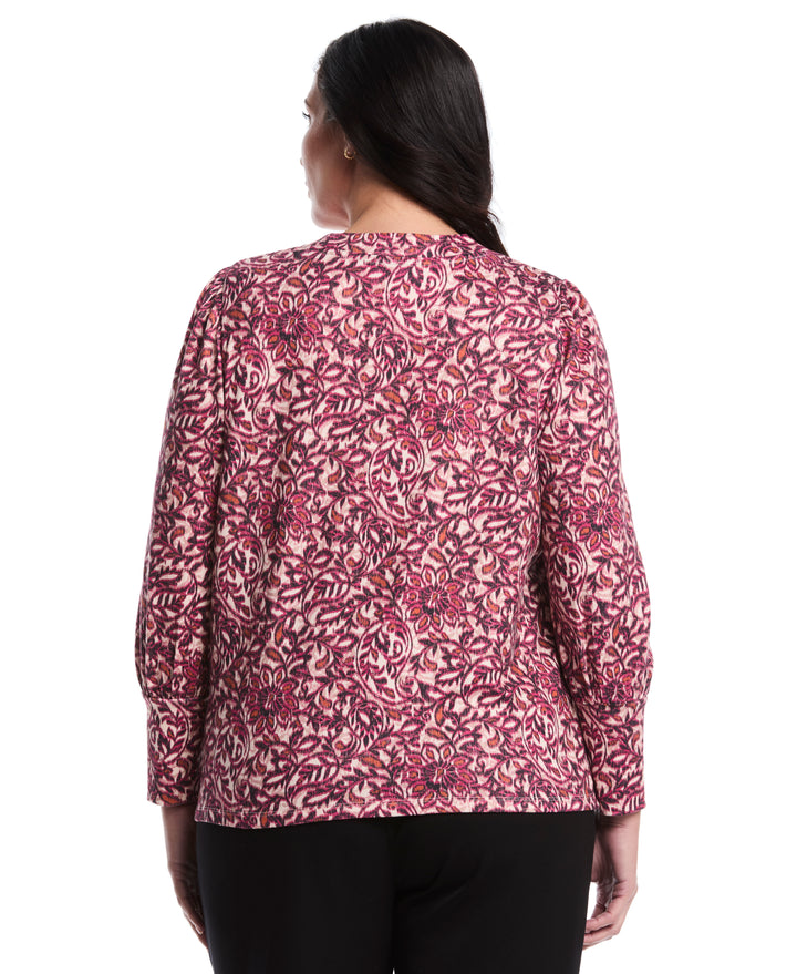 Plus Size Paisley Print Puff Sleeve Crew Neck Top (Beetroot Purple) 
