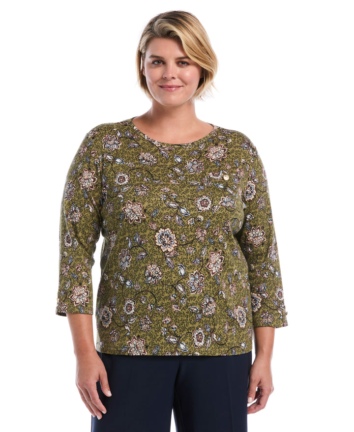 Plus Size Floral Print Button Trim Top (Dried Herb) 