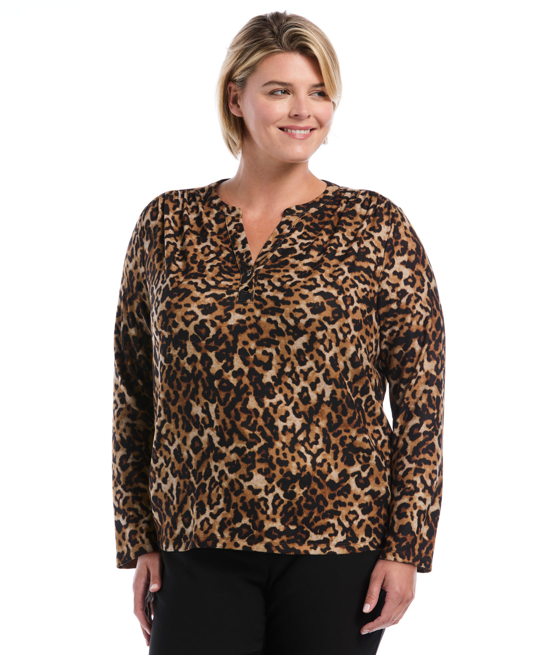 Plus Size Women's Leopard Print Shirred Split Neck Top (Monks Robe) 