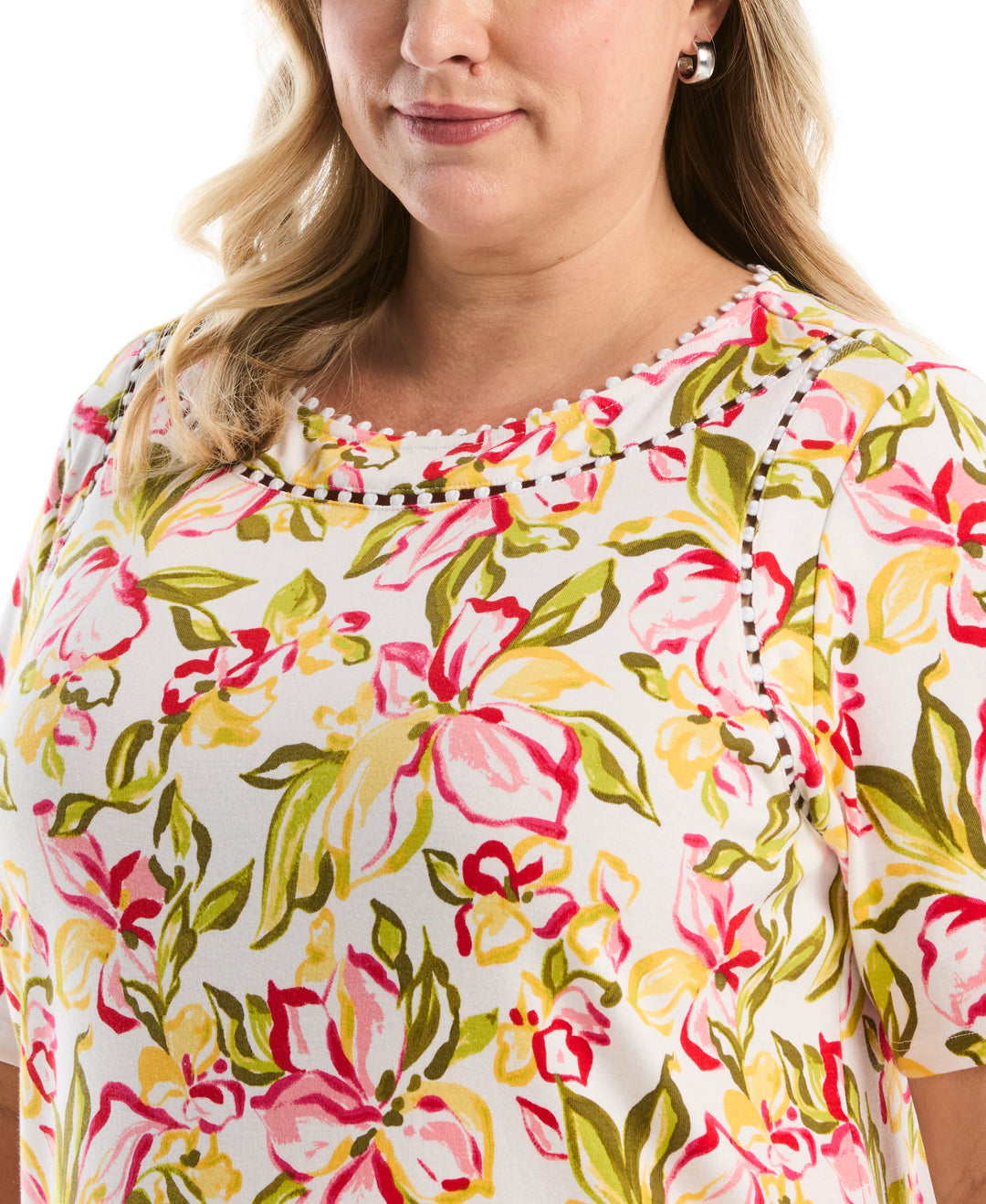 Plus Size Petal Print Pom Trim Detail Top (White) 