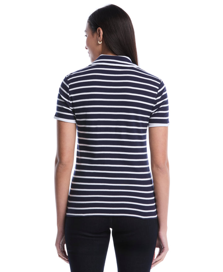 Petite Striped Contrast Trim Johnny Collar Polo (Peacoat) 