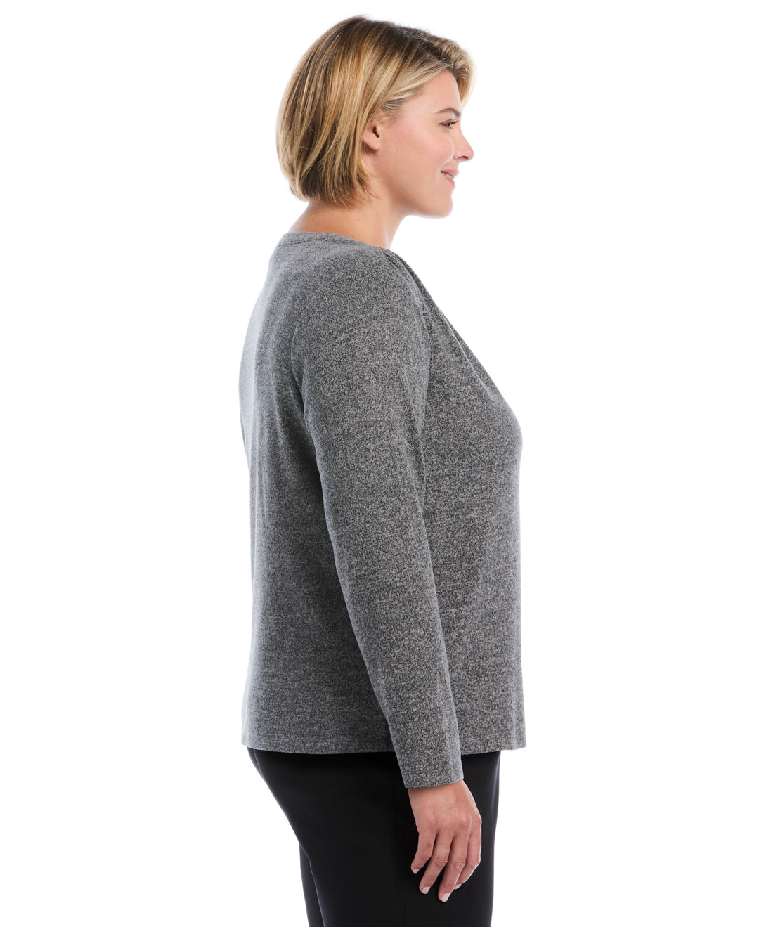 Plus Size Shirred Split Neck Top (Salt And Pepper Hthr) 