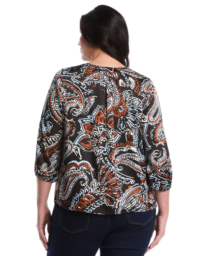 Plus Size Paisley Print Ruffle Puff Sleeve Top (Black) 