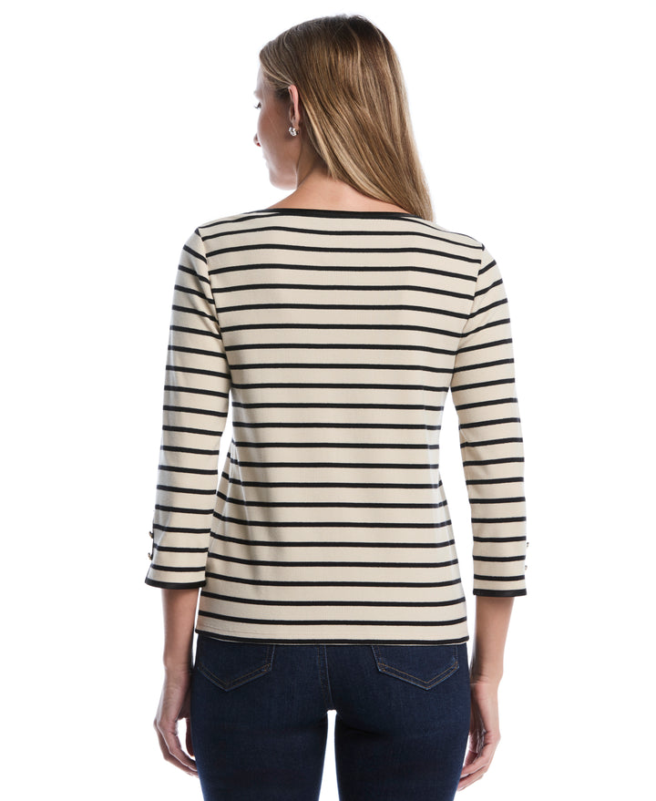 Striped Button Detail Boat Neck Top (Oatmeal) 