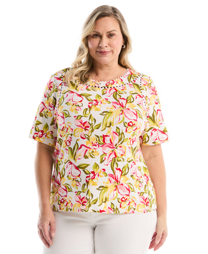 Plus Size Petal Print Pom Trim Detail Top (White) 
