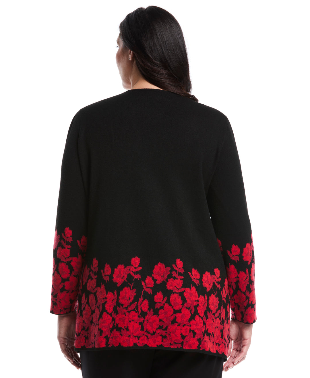 Plus Size Floral Print Patch Pocket Open Cardigan (Black) 