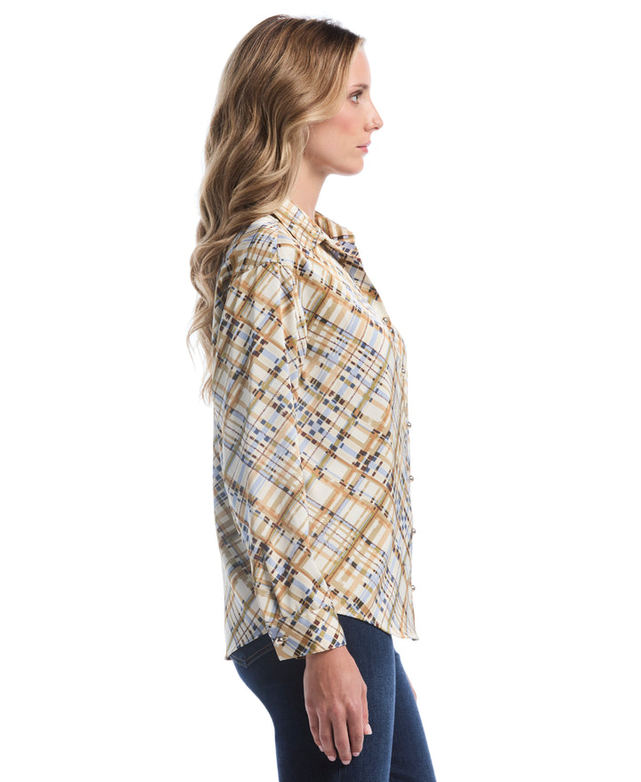 Plaid Print Drop Shoulder Novelty Button Blouse (Oatmeal) 