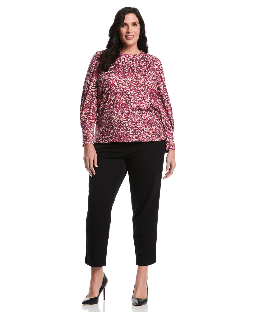 Plus Size Paisley Print Puff Sleeve Crew Neck Top (Beetroot Purple) 