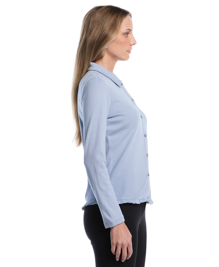 Petite Ruffle Trim Button-Up Top (Blue Blizzard) 