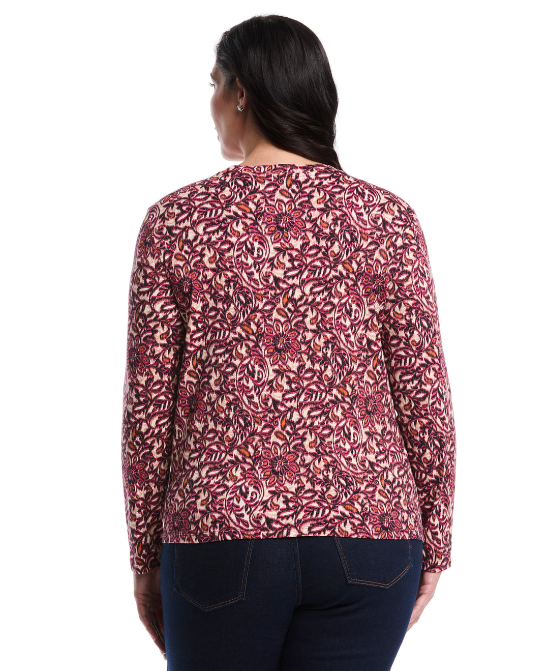 Plus Size Elegant Print Laced Crew Neck Top (Beetroot Purple) 
