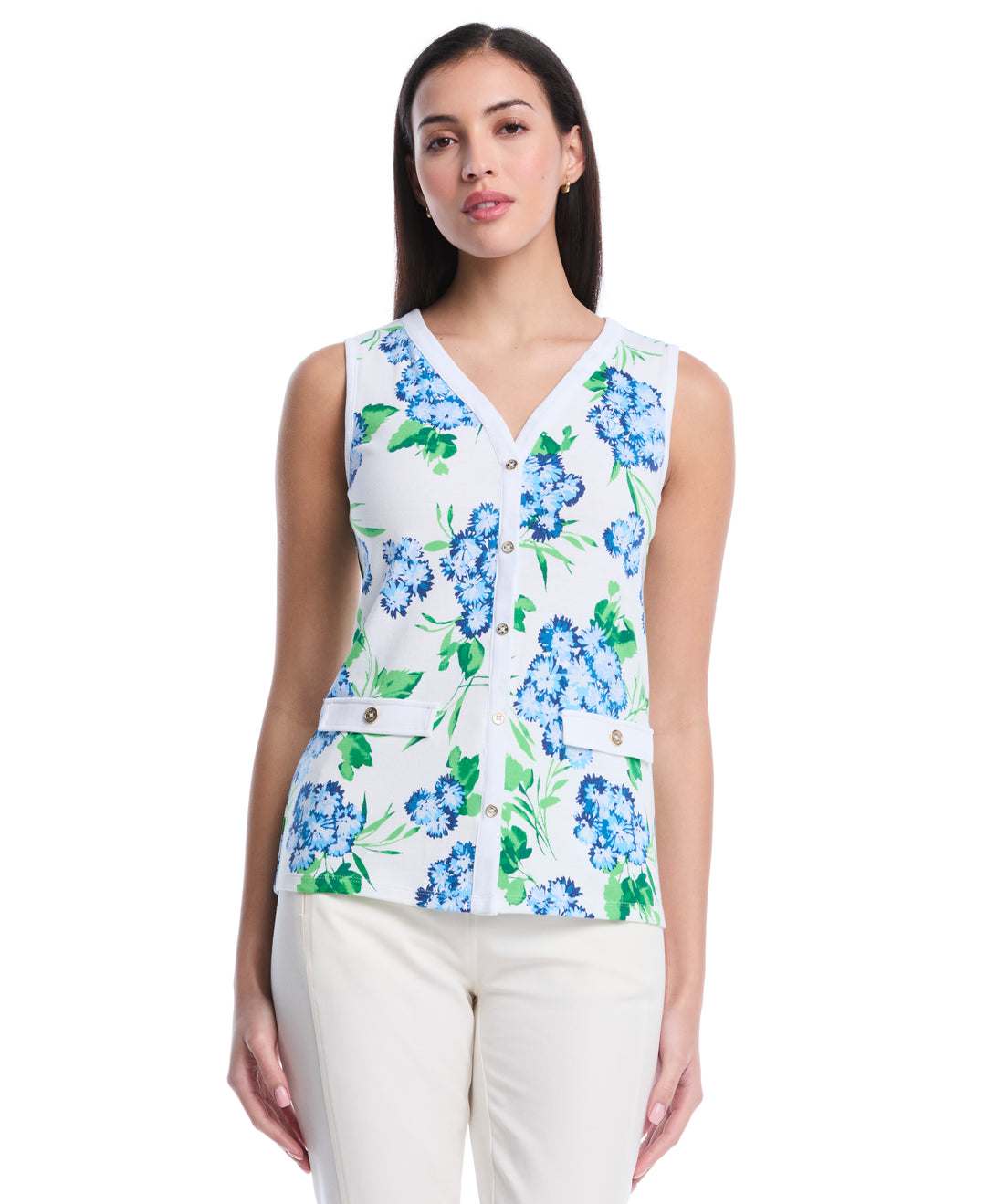 Petite Pom Floral Print Button Front Tank Top (White) 