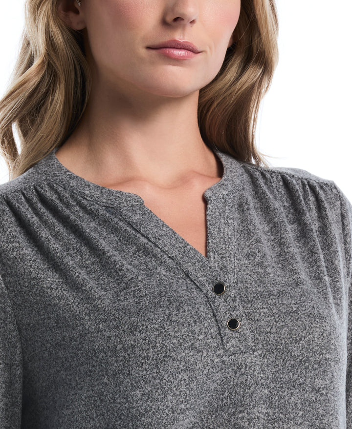 Shirred Split Neck Top (Salt And Pepper Hthr) 