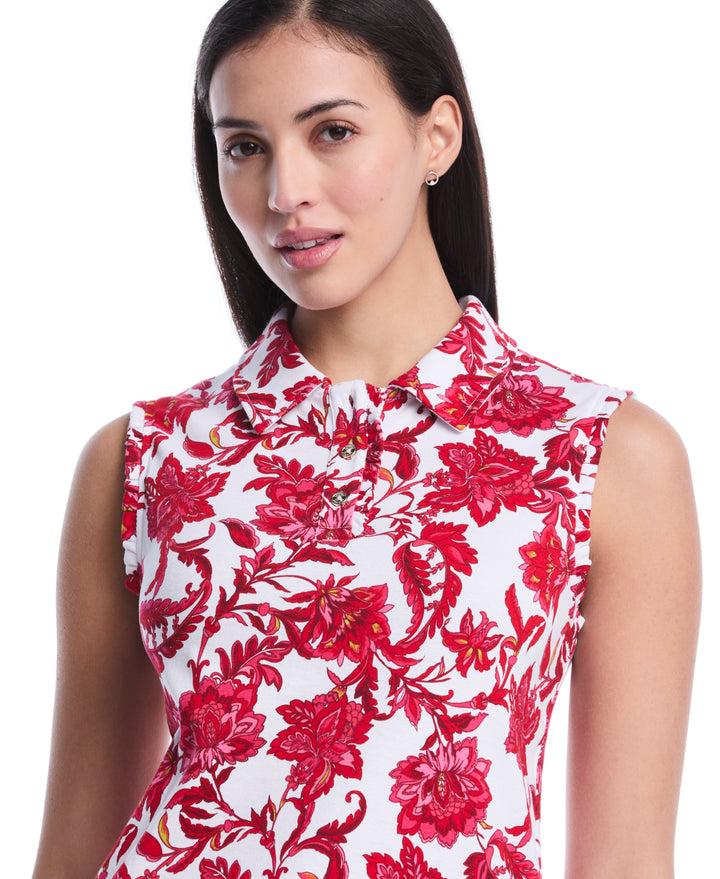 Botanical Print Ruffle Trim Polo (Raspberry) 