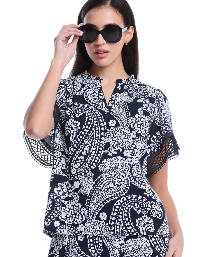 Petite Paisley Print Flutter Lace Sleeve Blouse (Peacoat) 