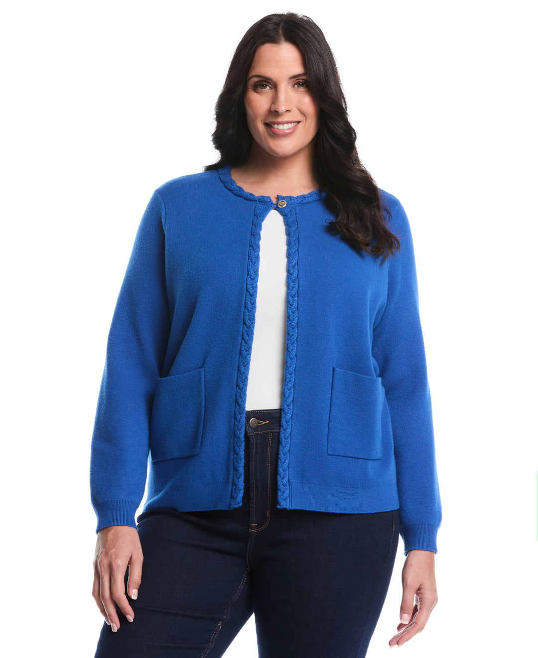 Plus Size Cable Knit Trim Cardigan (Nautical Blue) 