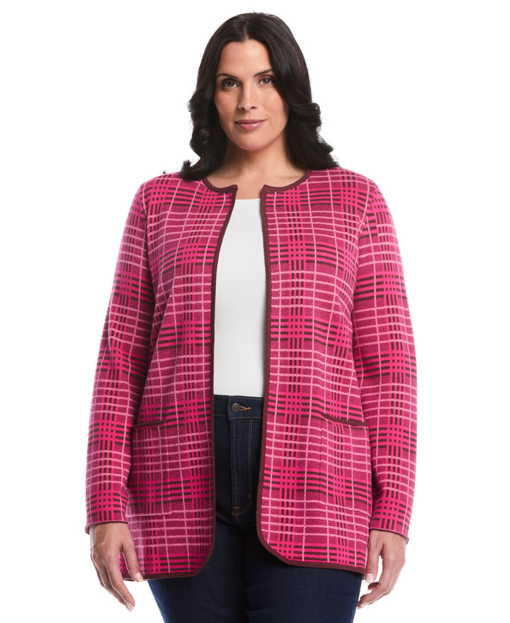 Plus Size Crosshatch Patch Pocket Open Cardigan (Beetroot Purple) 