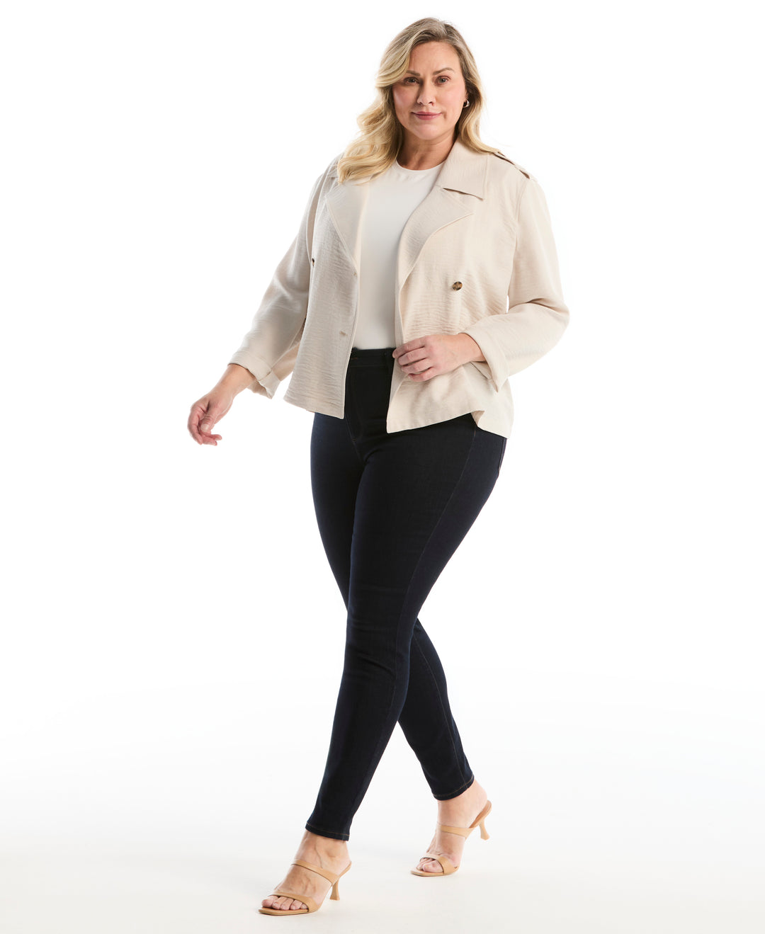 Plus Size Washer Crepe Cropped Trench Coat (Moonbeam) 