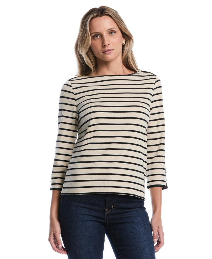 Striped Button Detail Boat Neck Top (Oatmeal) 