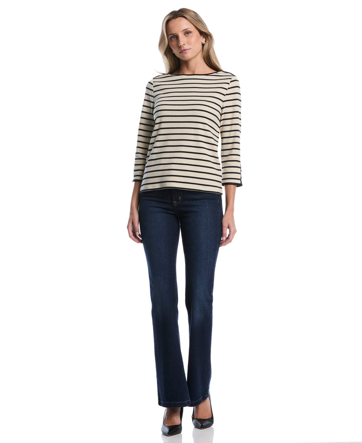 Striped Button Detail Boat Neck Top (Oatmeal) 
