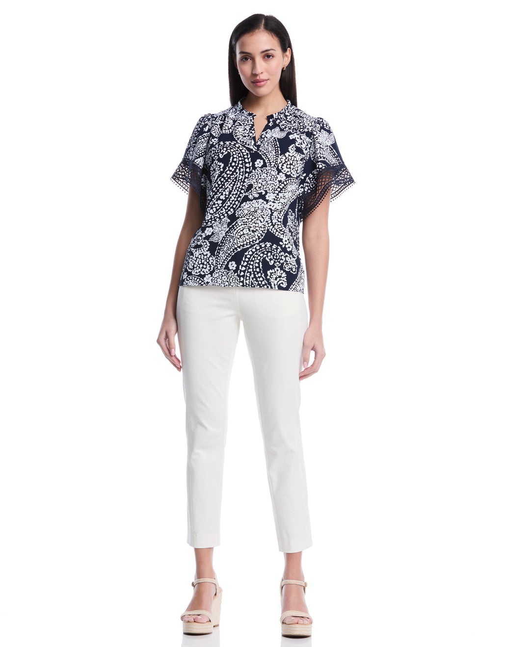 Petite Paisley Print Flutter Lace Sleeve Blouse (Peacoat) 