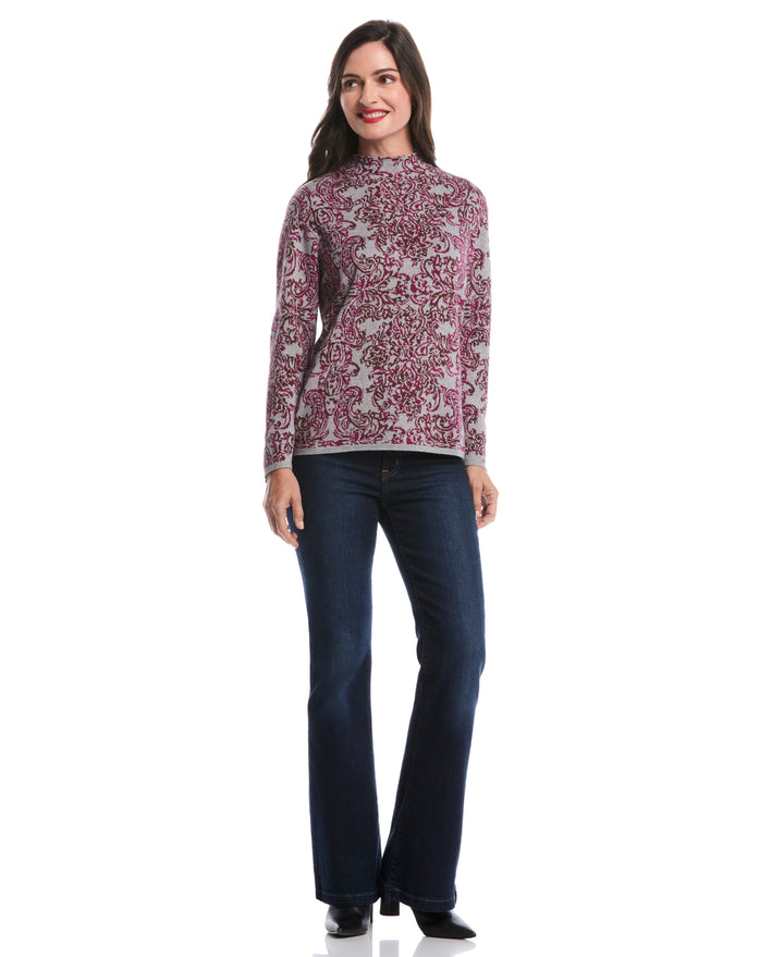 Floral Paisley Print Mock Neck Sweater (Magenta Purple) 