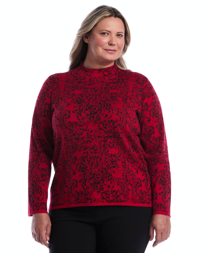 Plus Size Floral Paisley Print Mock Neck Sweater (Jester Red) 