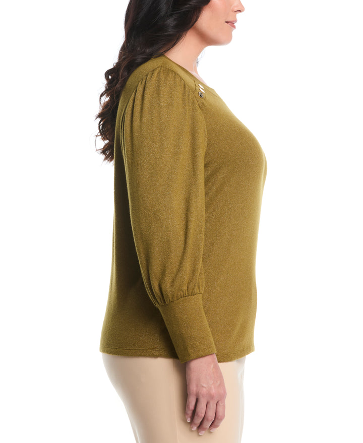 Plus Size Metallic Puff Sleeve Crew Neck Top (Fir Green) 