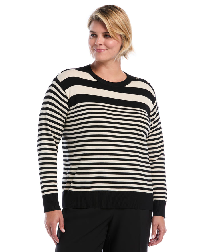 Plus Size Striped Rib Trim Crewneck Sweater (Black) 