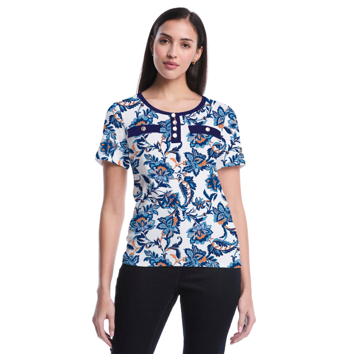 Petite Botanical Welt Pocket Button Detail Top (True Blue) 