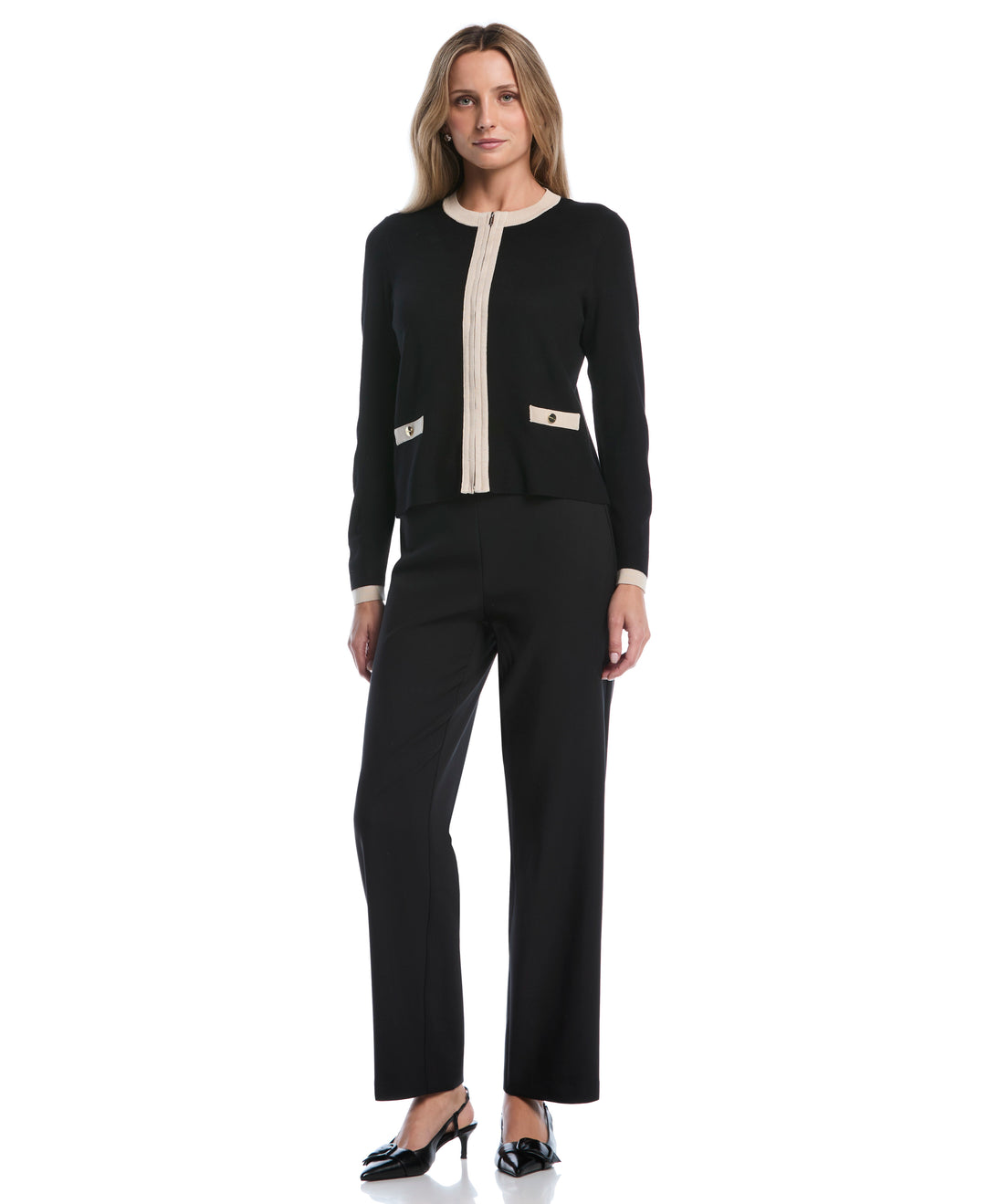 Petite Color Block Zip Up Cardigan Sweater (Black) 
