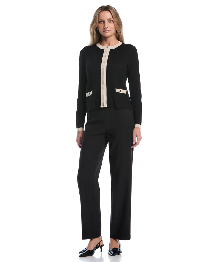Petite Color Block Zip Up Cardigan Sweater (Black) 