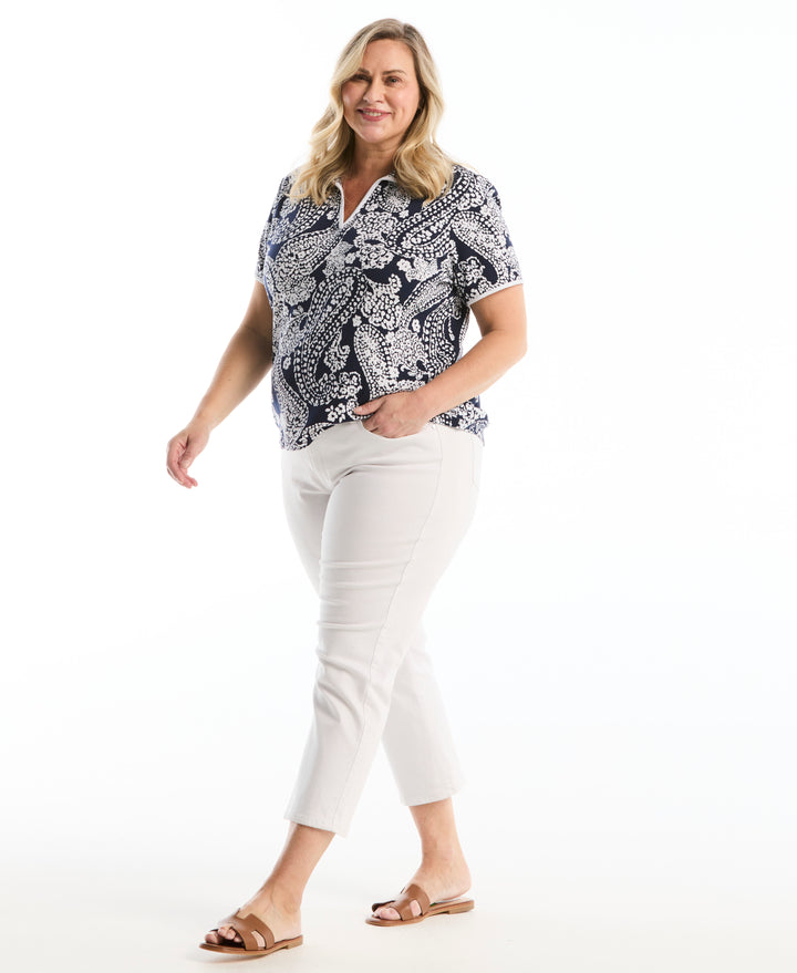 Plus Size Paisley Print Contrast Trim Johnny Collar Polo (Peacoat) 