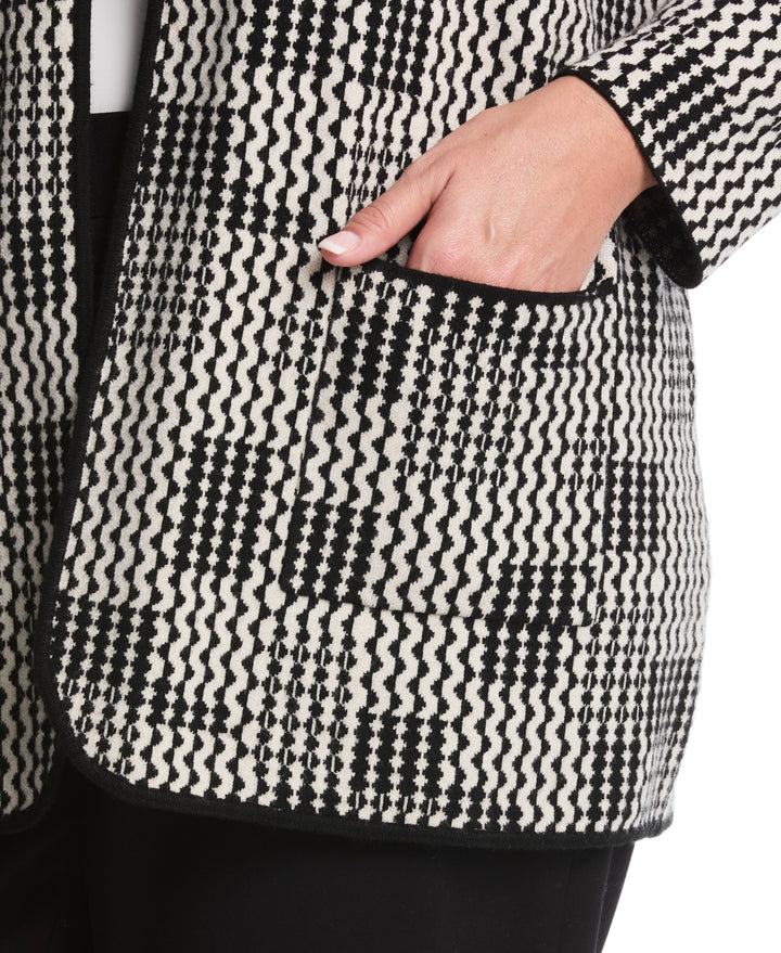 Plus Size Geo Patch Pocket Open Cardigan (Ecru) 