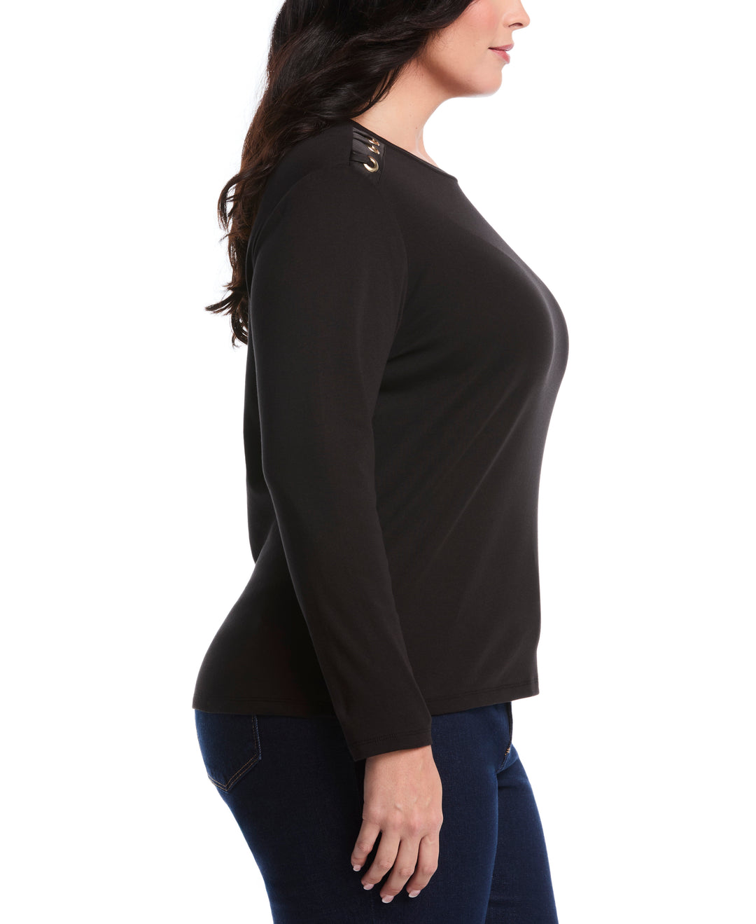 Plus Size Laced Crew Neck Top (Black) 