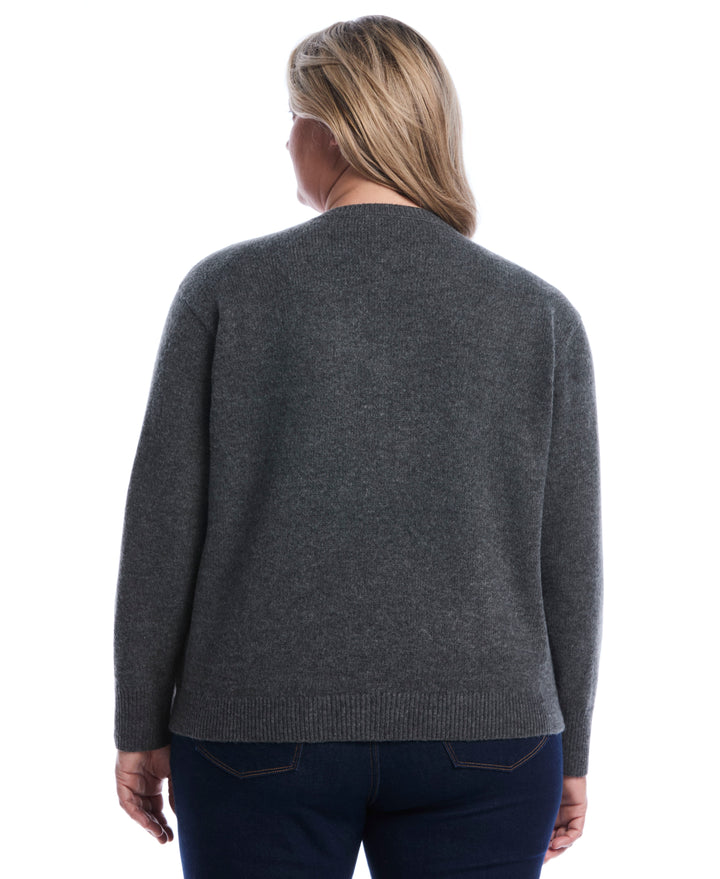 Plus Size Lace Trim V-Neck Sweater (Charcoal) 